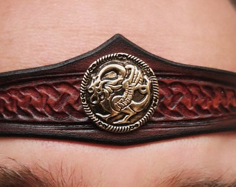Diadème de tête - Cuir - Dragon médiéval celtique - Marron.