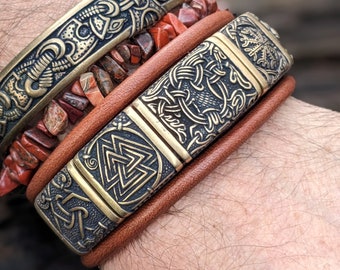 Bracelet cuir Bifröst - Viking Northen Gods - Marron clair