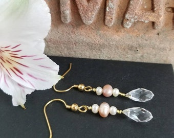 Crystal drop earrings with blush and ivory freshwater pearls