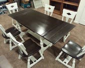 Beautifully Refinished Slightly Distressed Antique Farmhouse Refractory Draw Leaf Trestle Base Table Six Chairs by Unique Furniture Makers