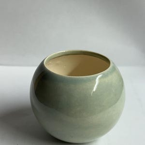May include: A small, round, ceramic vase with a smooth, glossy finish. The vase is a soft, muted green color with a lighter interior. The opening is circular, and the overall shape is spherical. This decorative piece is suitable for small plants or as a decorative accent.