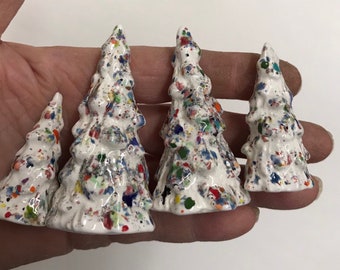 4 Mini Ceramic Christmas Tree Trees Decor New Handmade in USA Made from Vintage Mold White with Colored Specks