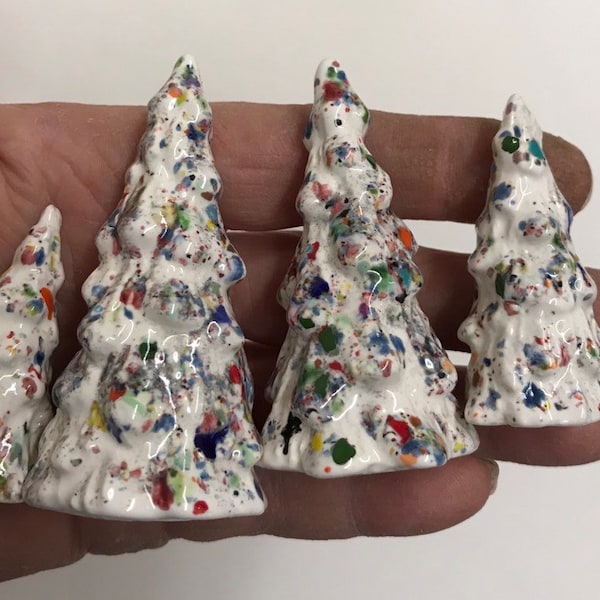 4 Mini Ceramic Christmas Tree Trees Decor New Handmade in USA Made from Vintage Mold White with Colored Specks