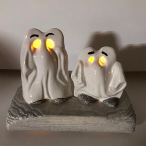 Ceramic Ghosts Mice Halloween Decor lit LED flicker tea lights New Handmade in USA Vintage 1981 and 1996 SHIPS within 24 hours