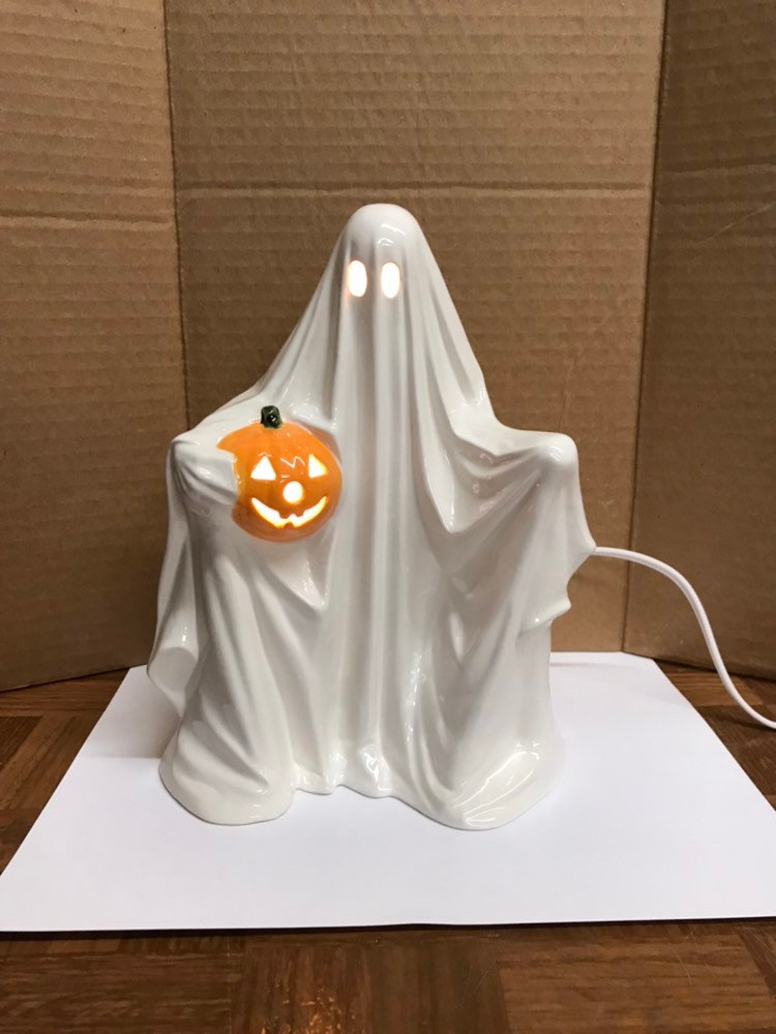 Ceramic Light Up Ghost
 Ceramic White Ghost with Pumpkin Lights Up Halloween Decor New