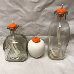 3 Ceramic Wick Holders  7/8" Neon Orange Speckle Oil Lamp Large Opening Bottle fits vintage milk bottles decanters patron large liquor