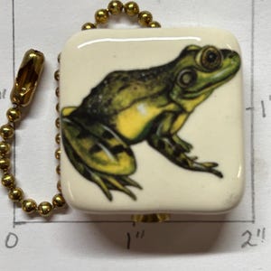 May include: A square, off-white ceramic light pull featuring a detailed illustration of a green and yellow frog. The frog is positioned on the ceramic tile, which is attached to a gold-colored ball chain. The tile measures approximately 1 inch by 1 inch.