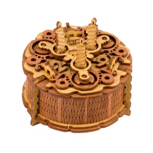 Verjaardagstaart Cadeaupuzzeldoos. Draagbare puzzelkluis voor geheime berichten. Teaser Houten 3D-puzzel Verjaardagscadeau