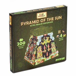 May include: A boxed 3D wooden puzzle titled "Pyramid of the Sun: Aztec Realms Expansion." The box is dark green with a detailed illustration of the pyramid, featuring colorful Aztec-inspired artwork. It contains 200 wooden pieces and 4 puzzle motifs.