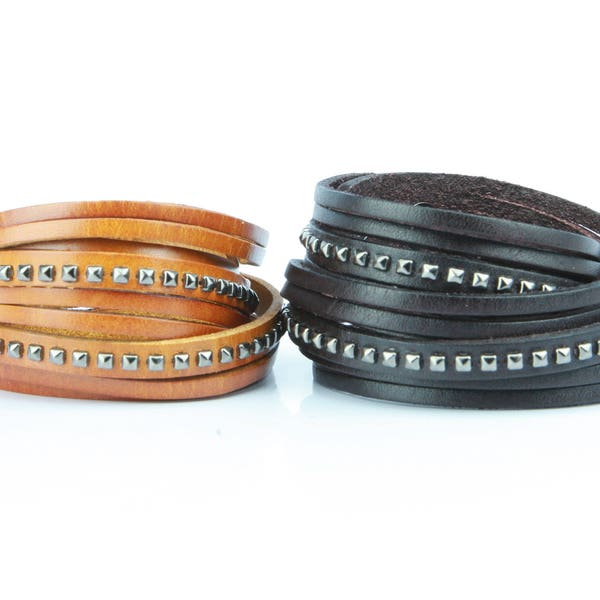 Leather wrap bracelet with pyramid shaped studs, leather multi strand wrap bracelet boho great gift for men and women snap closure B056