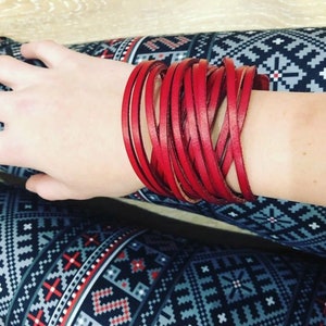 Genuine Leather Wrap Bracelet. Multi-strand Real Leather Cuff. Stacked Sliced Leather Bangle Bracelets Wide Double Wrap Bracelets B001A