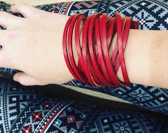 Genuine Leather Wrap Bracelet. Multi-strand Real Leather Cuff. Stacked Sliced Leather Bangle Bracelets Wide Double Wrap Bracelets B001A