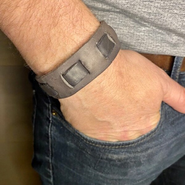 Soft leather cuff bracelet rustic leather wristband gift for men or women gray soft leather