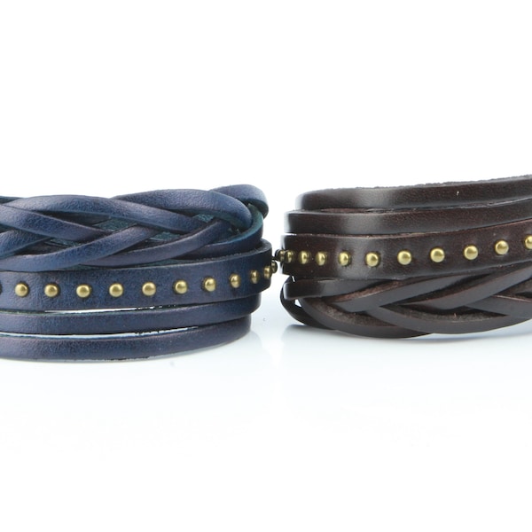 Leather wrap bracelet with strands, braid and round metal studs for men, women and teens great gift leather biker bracelet (B016)