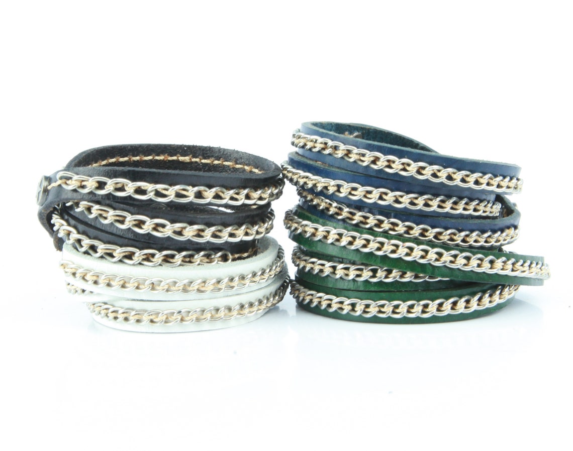 Metal chain leather bracelet skinny wrap style with snap Etsy