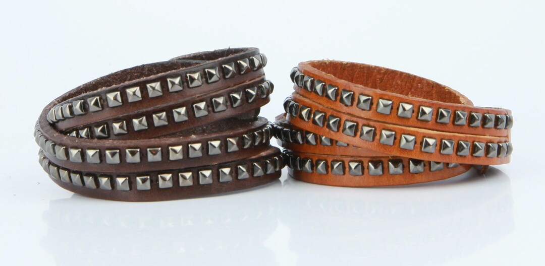 Studded Leather Wrap Bracelet With Pyramid Studs, Unisex Cuff