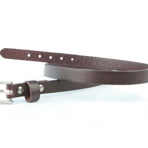 May include: A dark brown leather belt with a silver buckle. The belt is thin and has several adjustment holes. The buckle is a simple, classic design. The belt is likely made of genuine leather.
