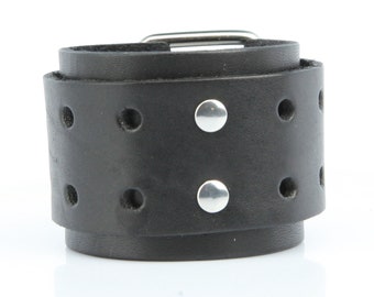 Biker style leather cuff with decorative holes and metal studs Johnny Depp style for men and women adjustable buckle closure (B036)