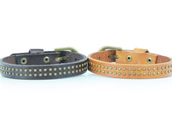 Leather bracelet narrow petite band with 2 rows of tiny round metal studs perfect for men, women and teens adjustable buckle closure (B036)