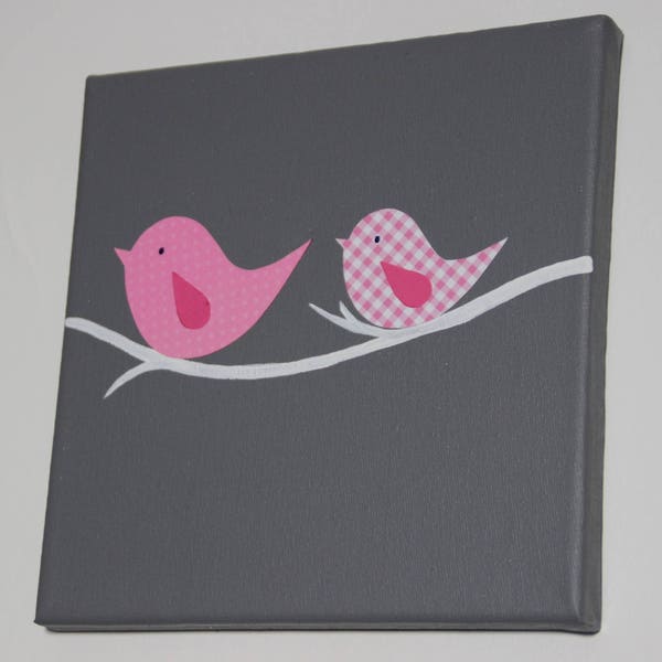 OISEAUX Roses sur tableau gris - Décoration murale chambre enfant, bébé, fille, cadeau de naissance