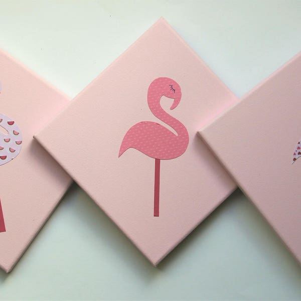 Décoration murale, triptyque FLAMANTS ROSES. Cadeau de naissance, chambre enfant, fille, bébé, ...