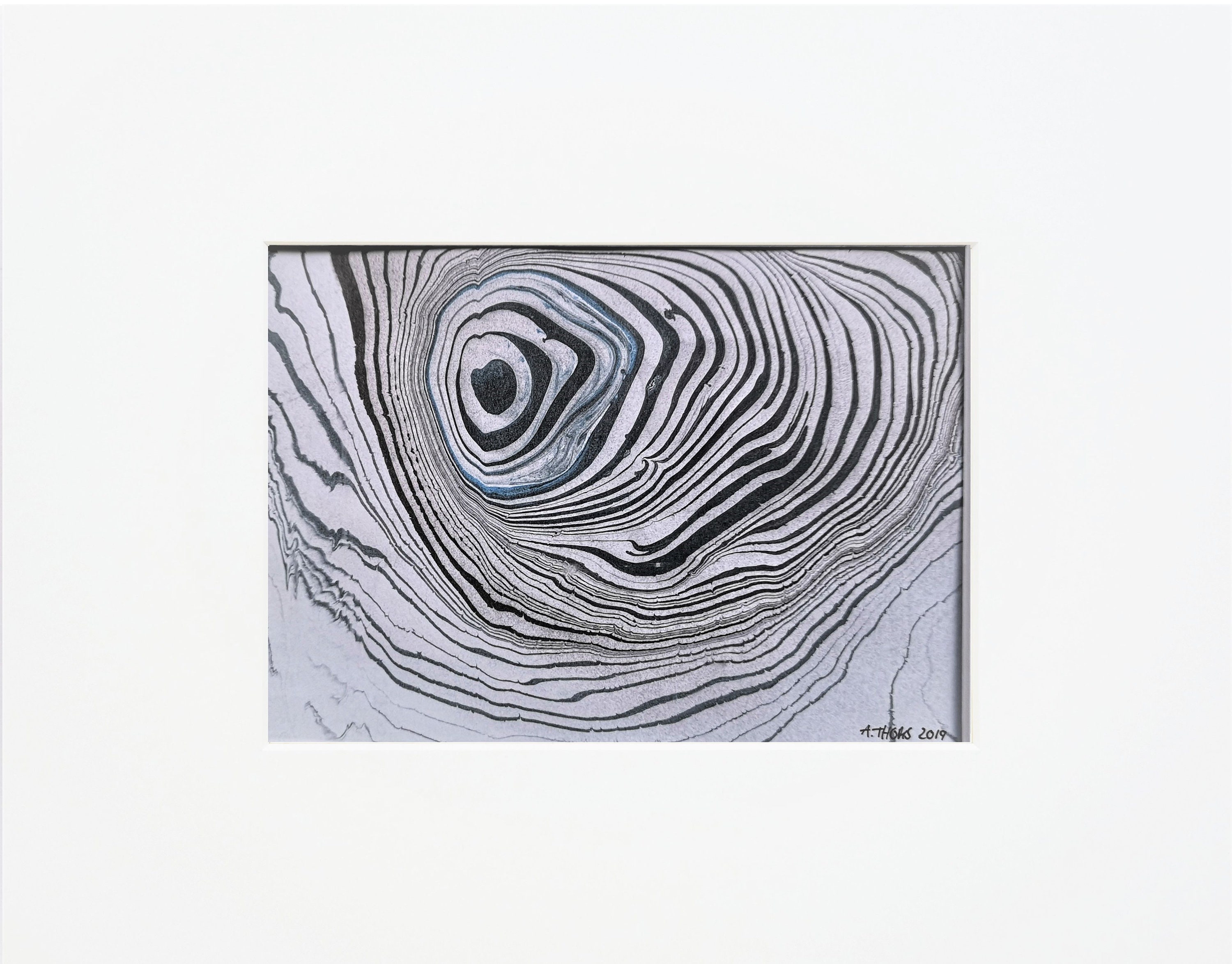 Original Suminagashi in black-blue / small abstract mural in white passepartout / modern art / Annette Mewes-Thoms