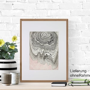 May include: A black and white abstract print with a pink background in a wooden frame. The print features swirling lines and patterns. The text "Lieferung ohne Rahmen!" is visible below the frame.