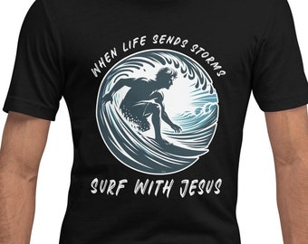 Surfing with Jesus Graphic Tee: cavalca le onde della vita con la fede-t-shirt unisex-camicia scura