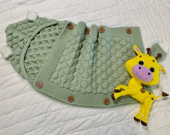 Knitted Baby Sleeping Bag with Fox Tail, Buttoned Hooded Swaddle
