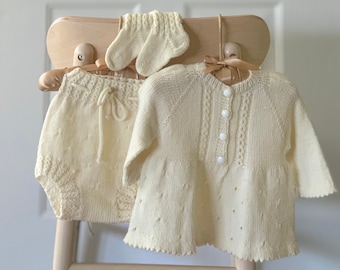 Baby Girls Dress Set Outfit (6-9 Months), Hand Knitted, Merino Wool