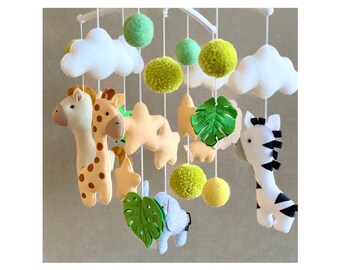 Safari Crib Mobile: Handmade Felt Animals, Musical Nursery Decor