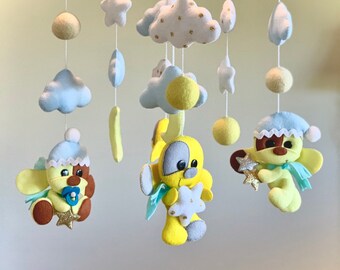 Felt Animal Baby Mobile, Yellow Poppies Nursery Decor, Handmade