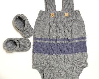 Baby Romper and Booties Set, Gray and Blue Stripe, Hand Knitted