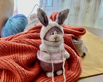 Bunny Plush Toy, Wool Yarn, Detachable Clothes, Hand Knitted