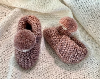 Baby Booties, Merino Wool Pom Pom Shoes, 0-3 Months