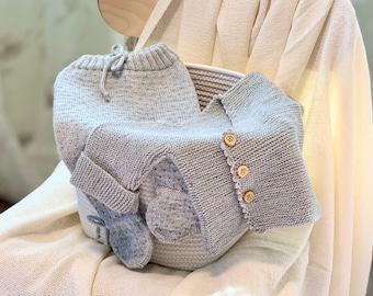Hand Knitted Merino Wool Baby Cardigan and Pants  (0-3 Month)