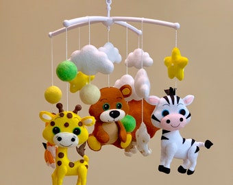 Baby Mobile Safari Handmade, Jungle Animals, Musical Crib Decor