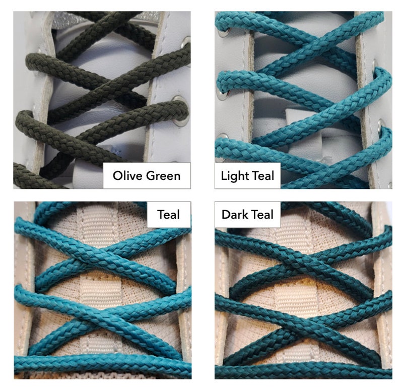 Op de afbeelding: Vier close-up afbeeldingen van veters in verschillende kleuren: olijfgroen, licht turquoise, turquoise en donkerblauw. De veters zijn geweven en hebben een platte, brede vorm.