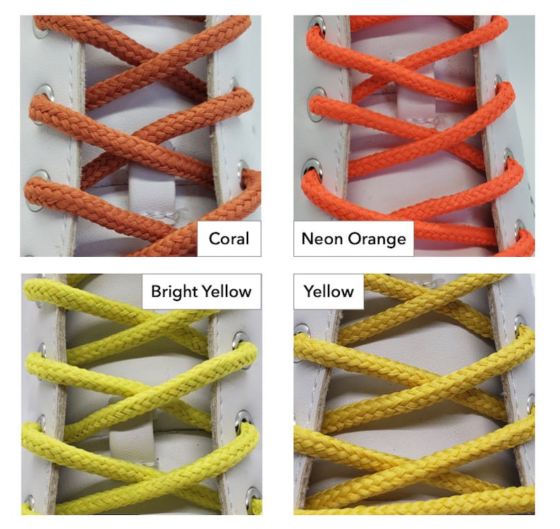 Op de afbeelding: Close-up van vier paar veters in verschillende kleuren: koraal, neonoranje, felgeel en geel. De veters zijn in een kruispatroon op een witte schoen geknoopt.
