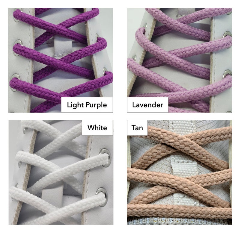 Op de afbeelding: Vier paar veters in verschillende kleuren: lichtpaars, lavendel, wit en bruin. De veters zijn in een kruispatroon geknoopt op een witte canvas schoen.