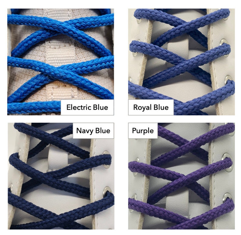 Op de afbeelding: Vier paar veters in verschillende kleuren: elektrisch blauw, koninklijk blauw, marineblauw en paars. De veters zijn getoond in witte sneakers.
