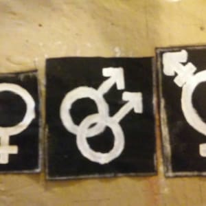 Puede incluir: Tres parches de tela negra con símbolos blancos. El primer parche tiene dos círculos superpuestos con una cruz en la parte inferior de cada círculo. El segundo parche tiene dos círculos superpuestos con una línea en la parte superior de cada círculo. El tercer parche tiene un círculo con una cruz en la parte inferior y una línea en la parte superior del círculo.