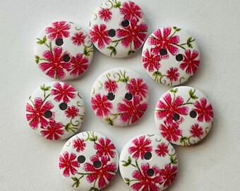 Red Floral Wooden Buttons, 15mm Sewing Embellishments