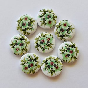 Botões de flores, botões brancos, botões verdes, suprimentos de costura, scrapbooking, enfeites, botões de madeira, fabricação de cartões