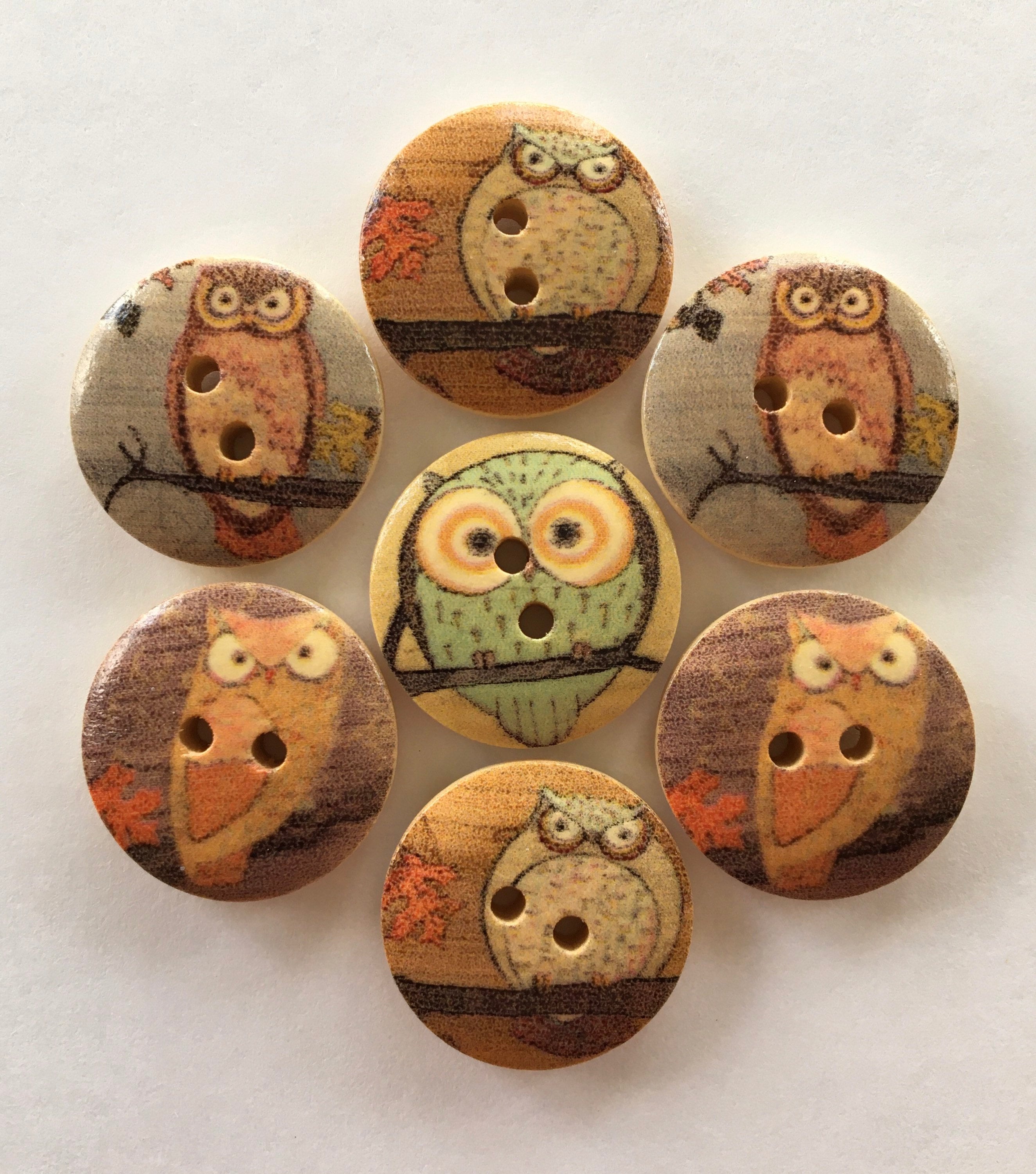 Owl Buttons, 20mm Buttons, Bird Buttons, Sewing Supplies, Scrapbooking, Embellishments, Brown Button