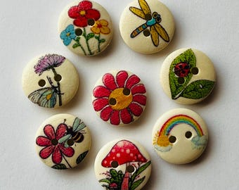 Garden Flowers 15mm Buttons, Sewing supplies, Mushroom Buttons