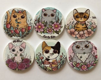 Cat Wooden 1” Buttons, Sewing Embellishments, Scrapbooking Supplies