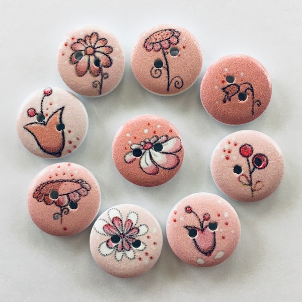 Flower Buttons, 15mm Floral Buttons, Pink Buttons, Sewing Supplies, Scrapbooking, Embellishments, Wooden Buttons, Card Making