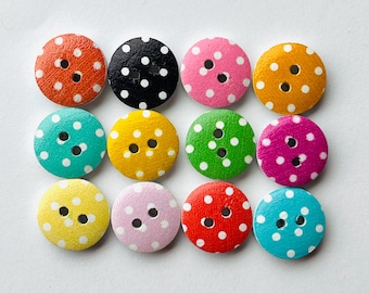 Polka Dot Wooden Buttons, 1/2” Colourful Spotty Sewing Supplies