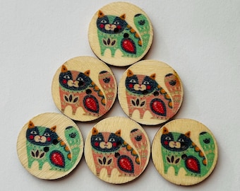 Retro Cat Buttons: 1" Wooden Kitten Sewing Embellishments